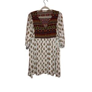 Umgee USA XL Boho Mixed Print Peasant Tunic Dress Ivory Floral Tribal Flowy